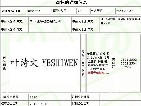 抢注“叶诗文”商标 成都一家园艺公司申请通过初审 抢注“叶诗文”商标 成都一家园艺公司申请通过初审